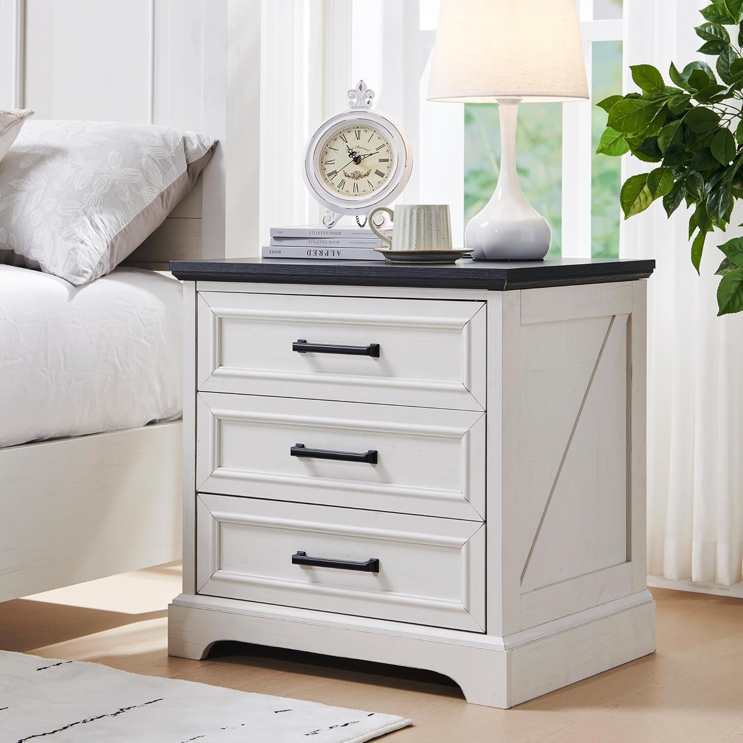 Farmhouse Nightstands Set of 2, 22 Inch Wide End Table with Charging Station & 3 Large Drawers, Rustic Wood Small Dresser Chest of Drawers for Bedroom, Living Room, off White