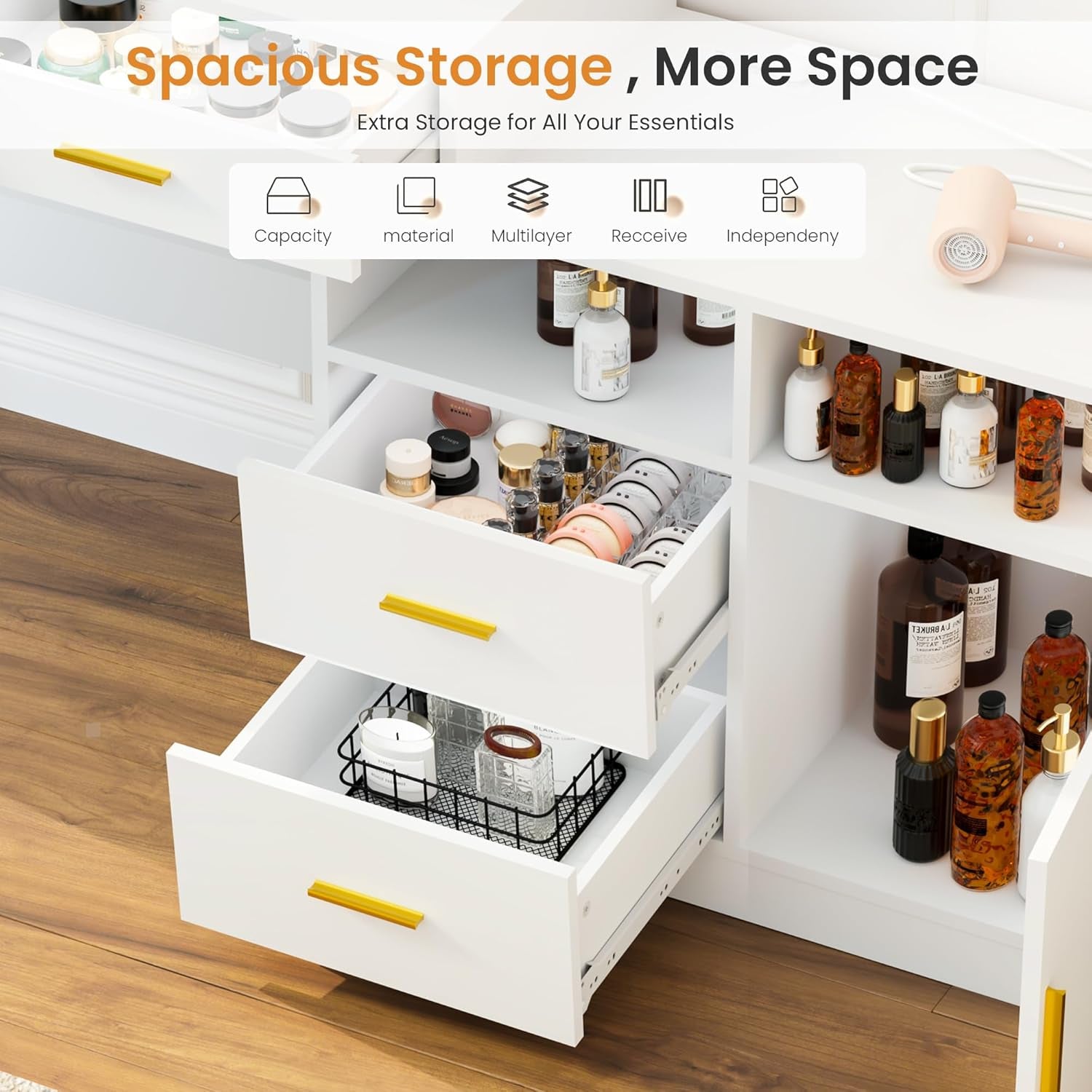 Vanity Desk with Mirror and Lights, 13 Storage Makeup Vanity with 4 Drawers and 8 Shelves, 62" Large Dresser Dressing Table with Power Outlet, 3 Lighting Modes, Silent Slides, White