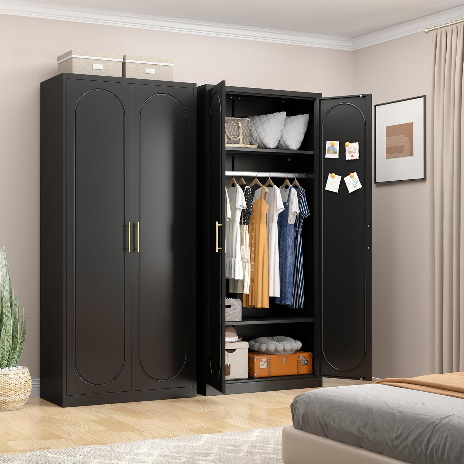 Armoire Wardrobe Closet with Doors, 71'' Wardrobe Cabinet with Hanging Rod, Metal Closet with 2 Adjustable Shelves for Bedroom School, Employee, Gym, Armarios De Ropa Para Dormitorio, Black