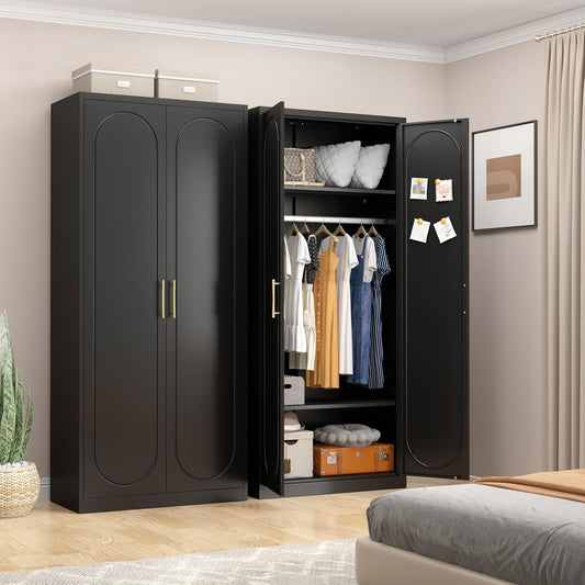 Armoire Wardrobe Closet with Doors, 71'' Wardrobe Cabinet with Hanging Rod, Metal Closet with 2 Adjustable Shelves for Bedroom School, Employee, Gym, Armarios De Ropa Para Dormitorio, Black