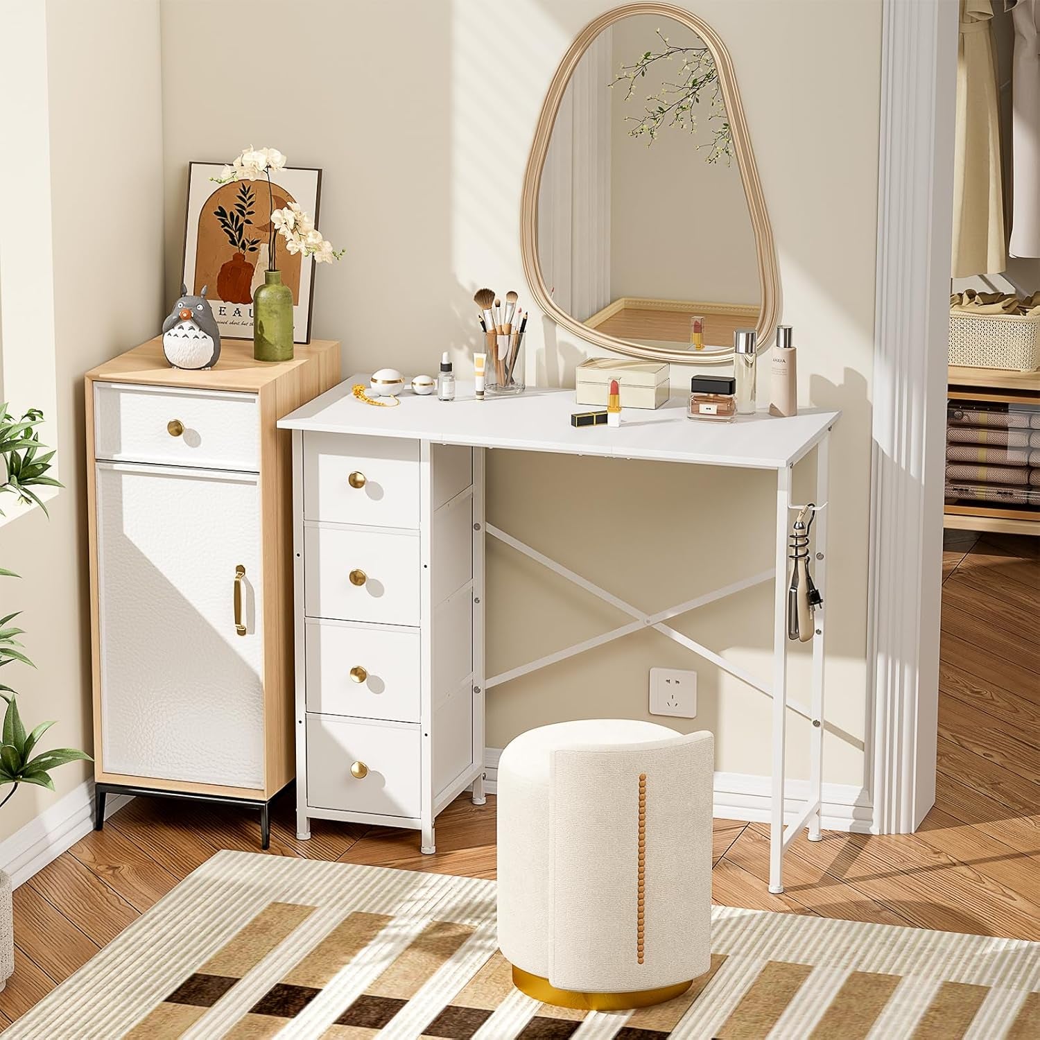Vanity Desk No Mirror, Small Makeup Vanity with 4 Fabric Drawers, White Dressing Table for Small Spaces, 35.4 Inches Girls Makeup Table Bedroom