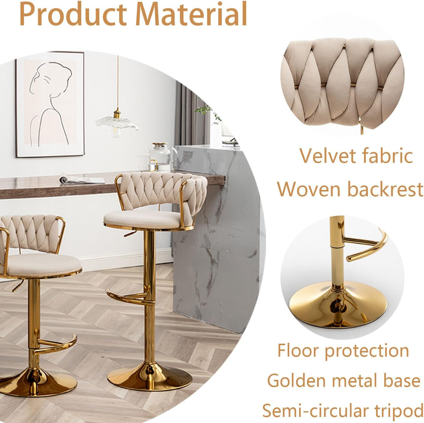 Velvet Bar Stools Set of 2, Counter Height Barstools with Low Back, Gold Swivel Bar Stool for Kitchen Island, Pub (Beige)
