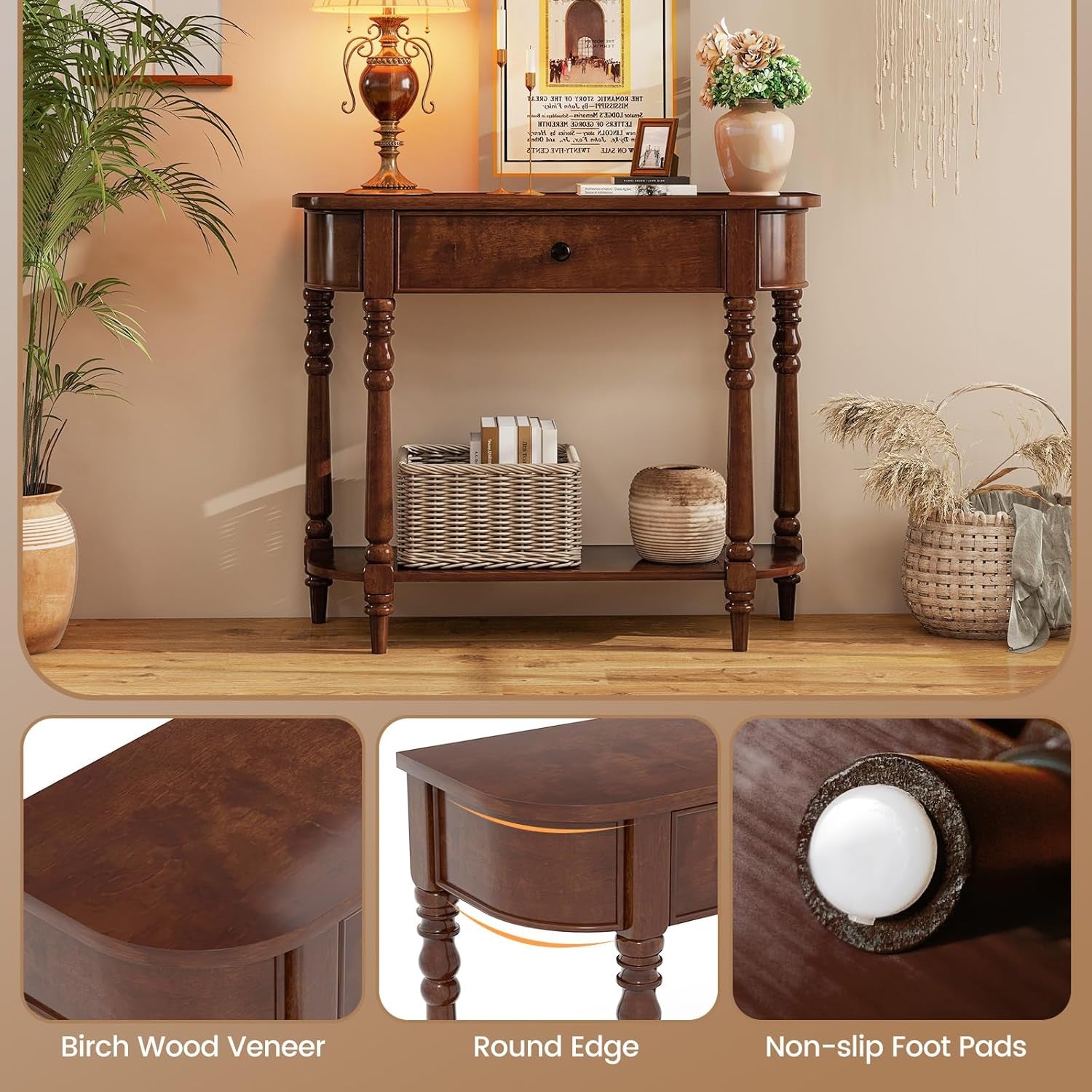 2-Tier Console Table, 36" Retro Entryway Table with Storage Drawer & Elegant Legs, Narrow Wooden Sofa Table with Open Shelf for Living Room, Foyer, Hallway, Bedroom, Entrance (Brown)