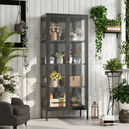 Glass Display Cabinet 4-Tier, Display Cabinet with Glass Doors, Curio Cabinet with Tempered Glasses Doors,Metal Storage Cabinets for Living Room, Plant, Assembly Required, Black