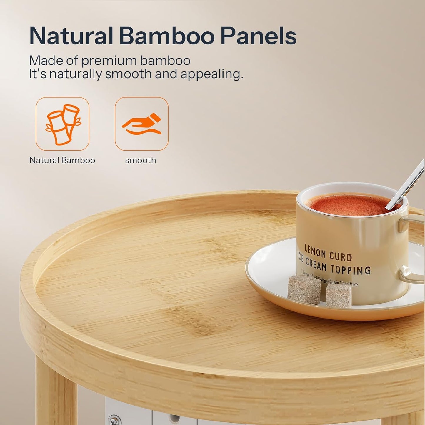 Small round Side Table with Charging Station, 2-Tier round Bamboo End Table, Compact Sofa Bedside Table for Small Space, Easy Assembly, for Living Room, Bedroom, Apartment, Natural YL156UBZ01