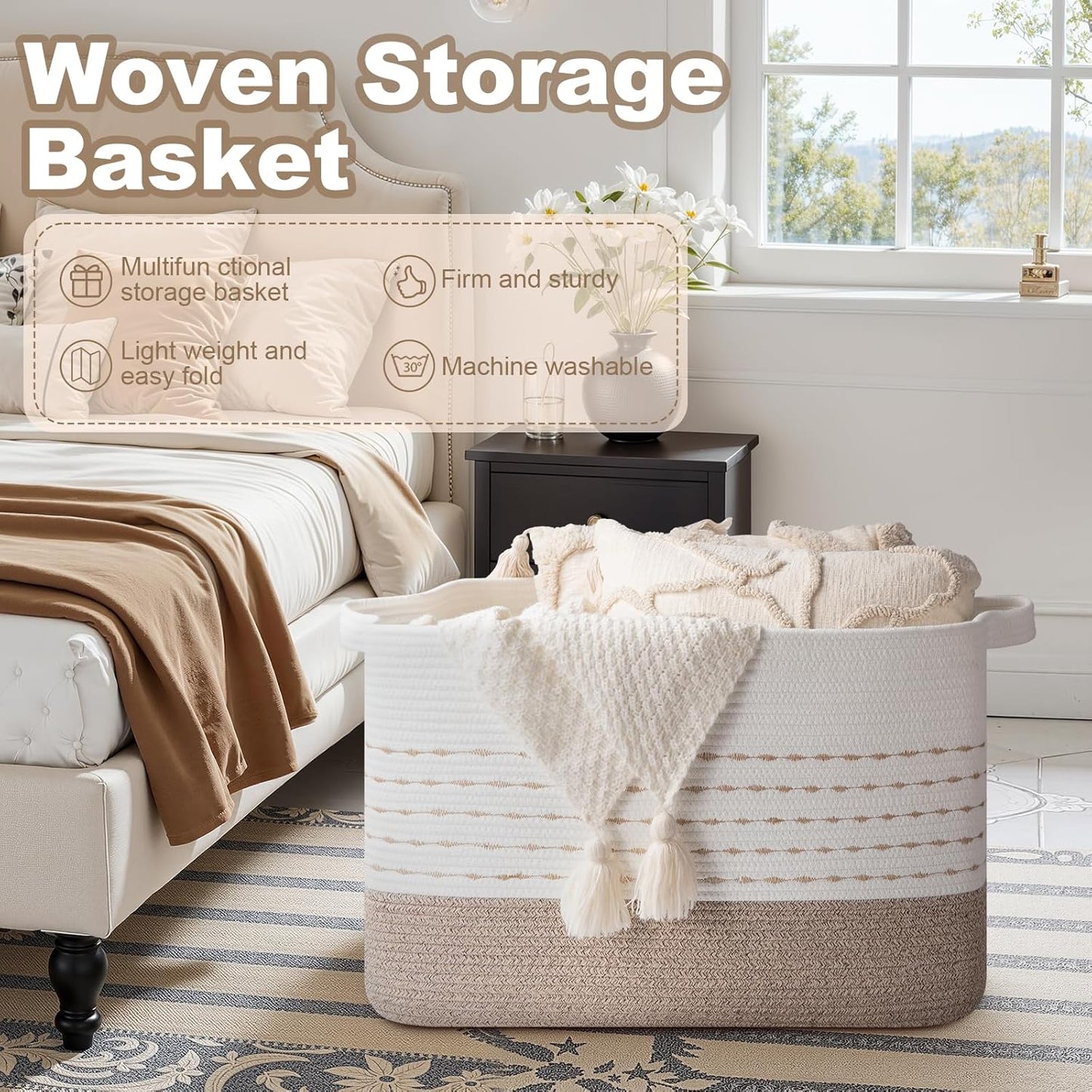 108L Extra Large Blanket Basket, 25”X16”X16” Rectangle Woven Cotton Rope Baskets for for Living Room, Toy Storage with Handle- Gradient Light Brown