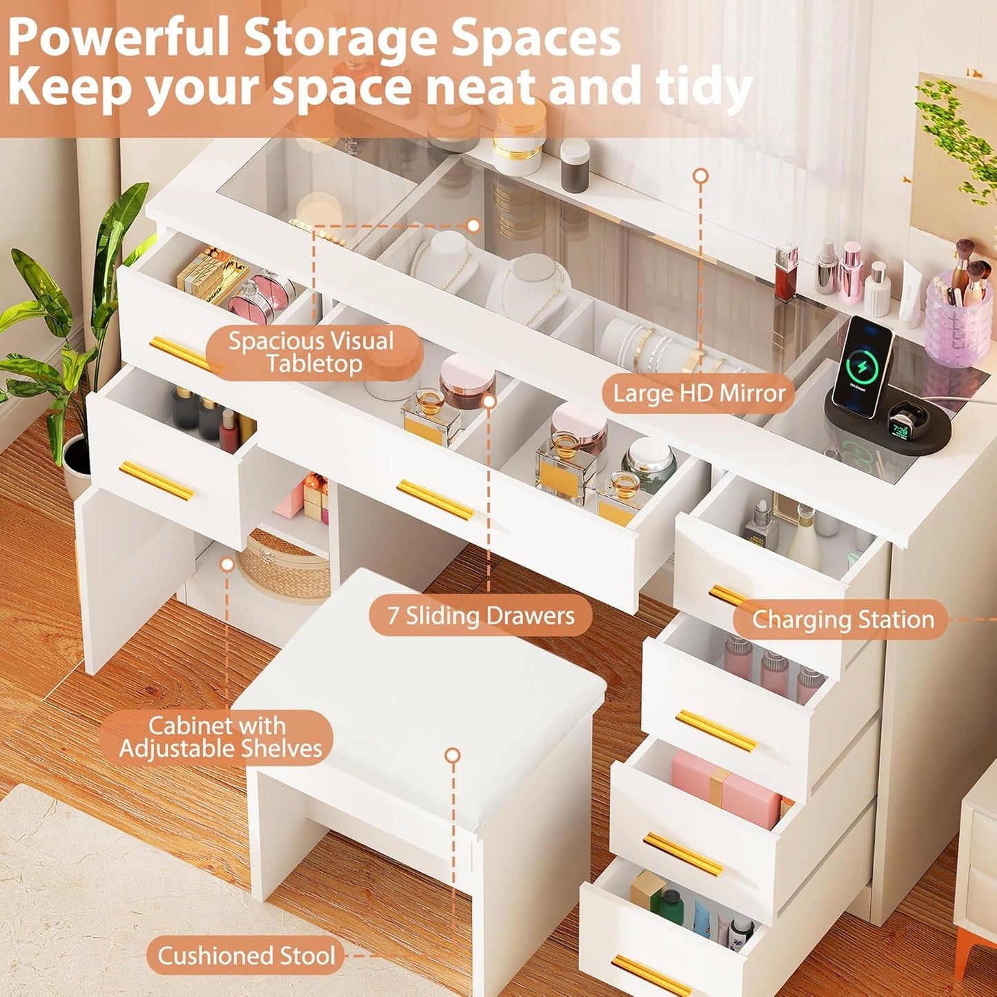 Large Vanity Desk with Lighted Mirror White Makeup Vanity Set with Glass Top & Power Outlet & 7 Drawers Storage 3 Color Lighting Modes Dressing Table with Stool for Bedroom Women Girl UBDT83W