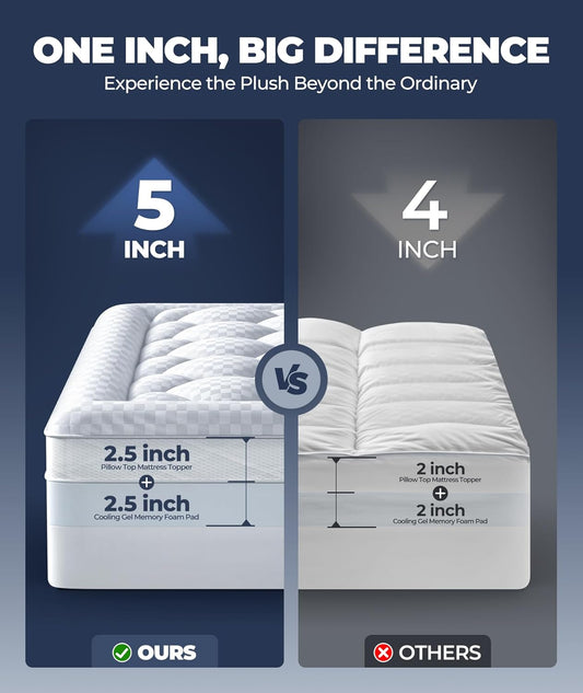 5 Inch Mega Support Memory Foam Queen Mattress Topper for Pressure Relief, Dual Layer 2.5" Pillow Top Mattress Topper Queen plus 2.5" Cooling Gel Infused Memory Foam Mattress Pad
