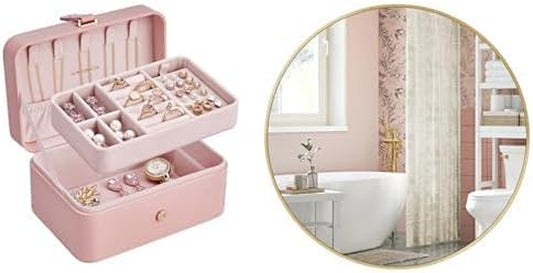Jewelry Box, Travel Jewelry Case, 2-Layer Jewelry Holder Organizer, round Mirror, Bathroom Mirror for Wall, 24 Inches UJBC166R01 & ULWM102A01