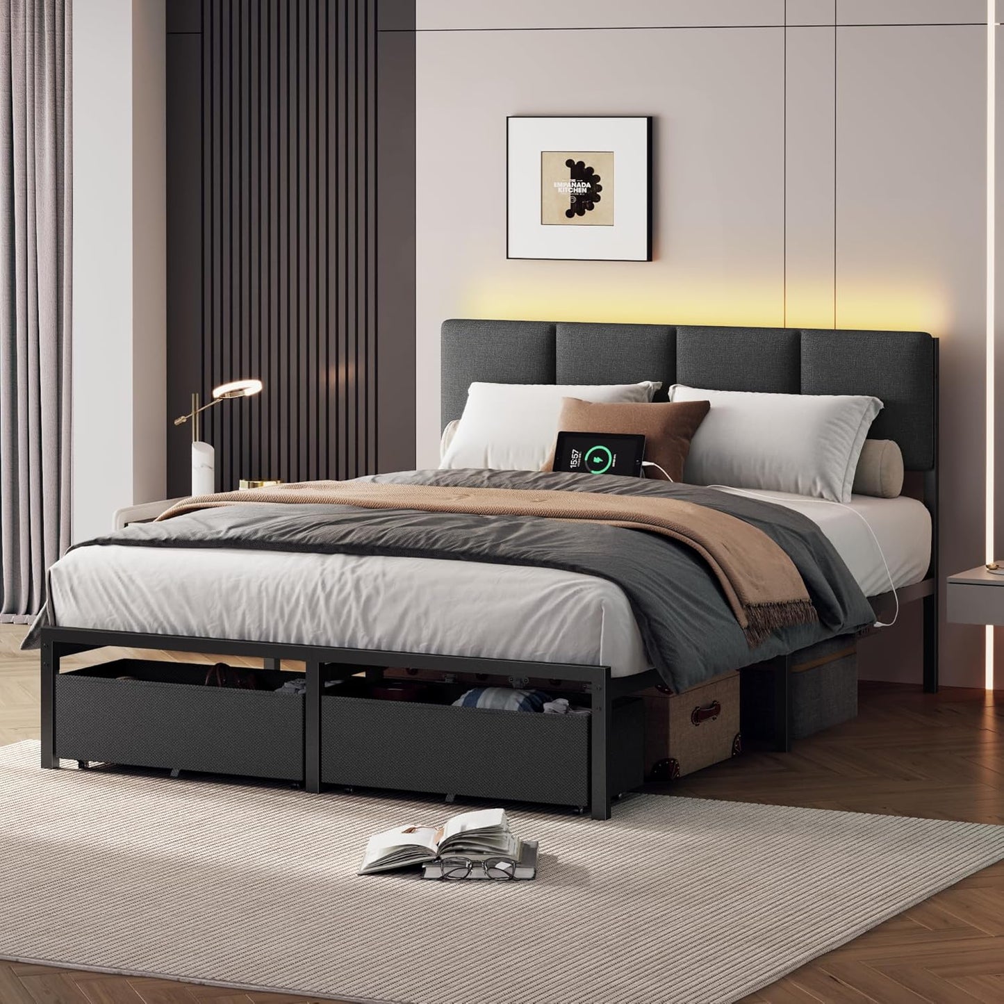 Full Size Bed Frame with Headboard, Upholstered Full Bed Frame with LED Light, USB Charging Station, Platform Bedframe with 2 Fabric Underbed Storage Drawers, No Spring Box Needed