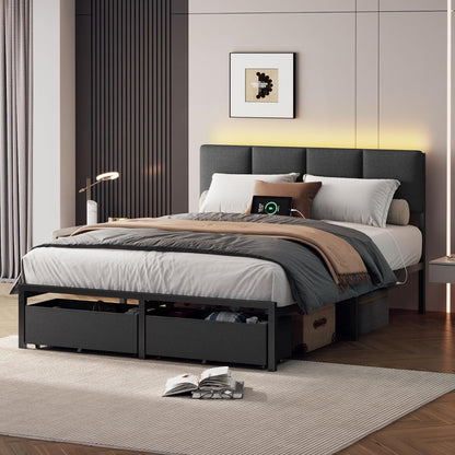 Full Size Bed Frame with Headboard, Upholstered Full Bed Frame with LED Light, USB Charging Station, Platform Bedframe with 2 Fabric Underbed Storage Drawers, No Spring Box Needed