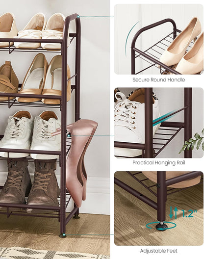 Stackable Shoe Rack, 4 Tier Metal Shoes Rack Storage Shelf, Holds up to 16 Pairs Shoes, Adjustable Slanted Shelves Tower Organizer for Closet Entryway Small Spaces, Bronze