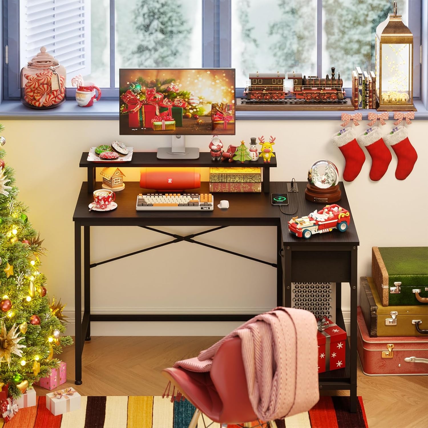 Gaming Desk for Bedroom L Shaped Small Corner Computer Desk with Power Outlets and LED Lights, PC Desk, Home Office Desks with Drawer, Writing Desk Study Desk, Black