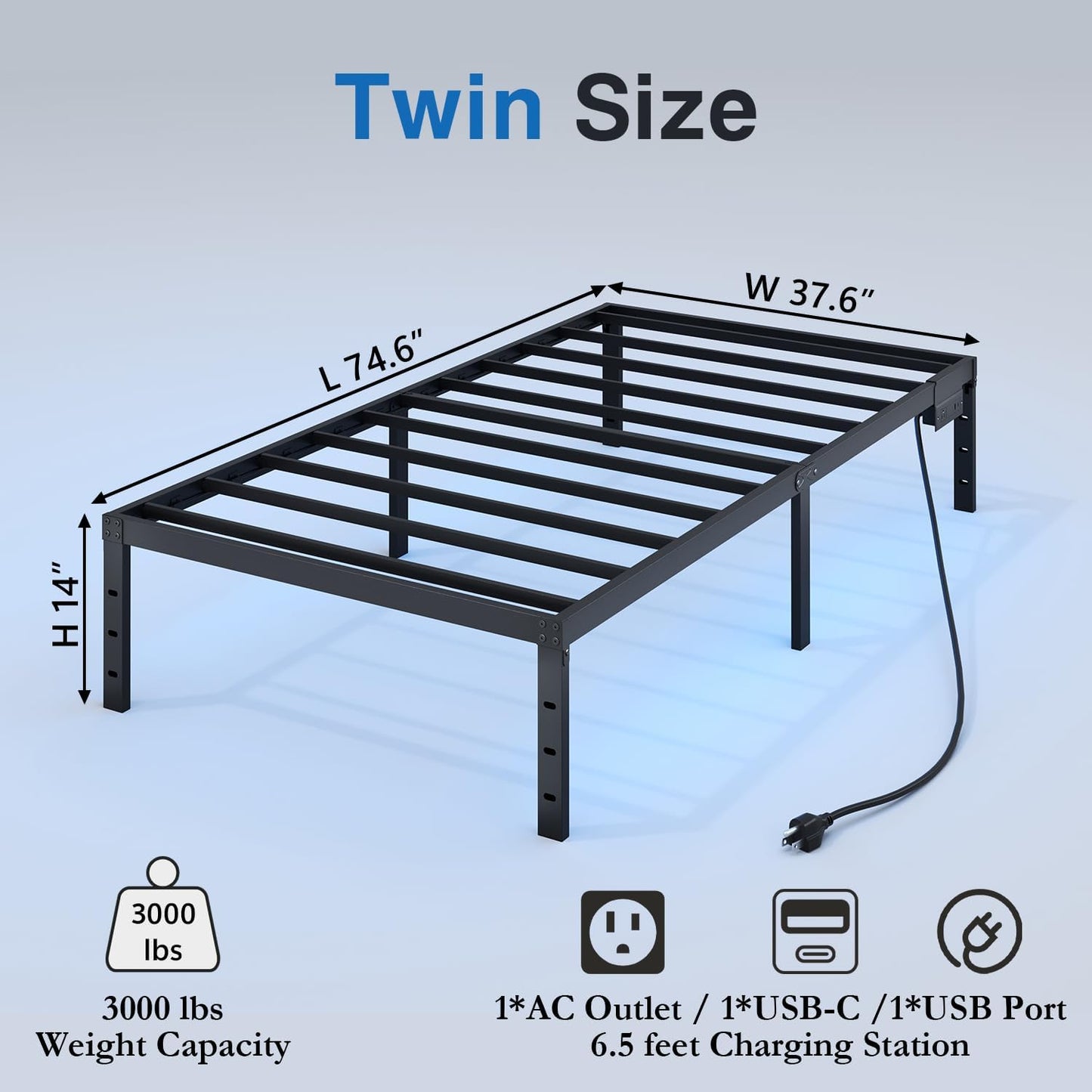 Twin Bed Frame with LED Lights & Charging Station - 14 Inch Heavy Duty Metal Platform Bed Frame No Box Spring Needed, Easy Assembly, No Noise