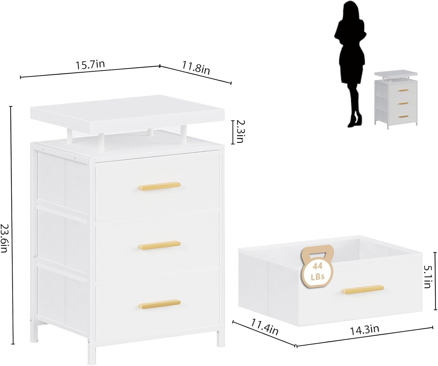 White Night Stand with Drawers, LED Bedside Table with Open Shelf, Nightstand with PU Leather Finish Drawers, Small End Table for Bedroom, Living Room, 23.8''H