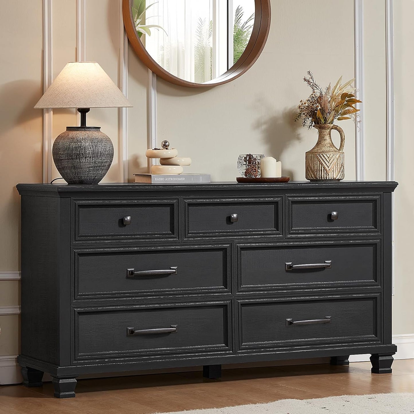 Farmhouse Bedroom Dresser and Nightstand Set, 7 Drawer Dresser & 1 Drawer Nightstand Set, Rustic Wood Bedroom Furniture Set for Home, Hallway, Black