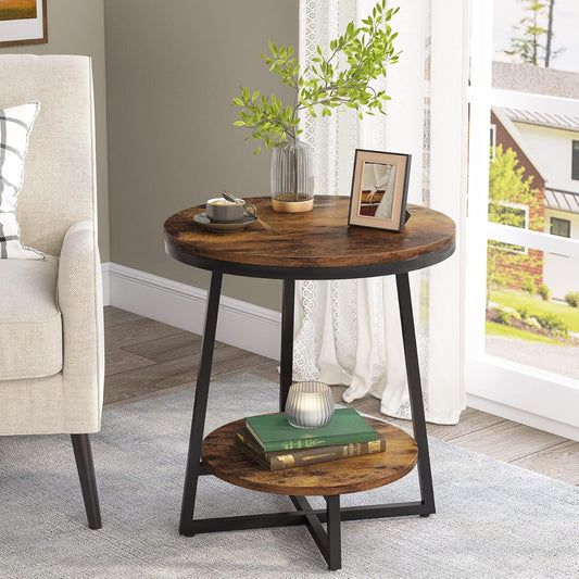 End Table, 2 Tier round Side Table with Storage Shelf, Industrial Nightstand Bedside Table Coffee Accent Table for Living Room Bedroom Small Space, Rustic Brown
