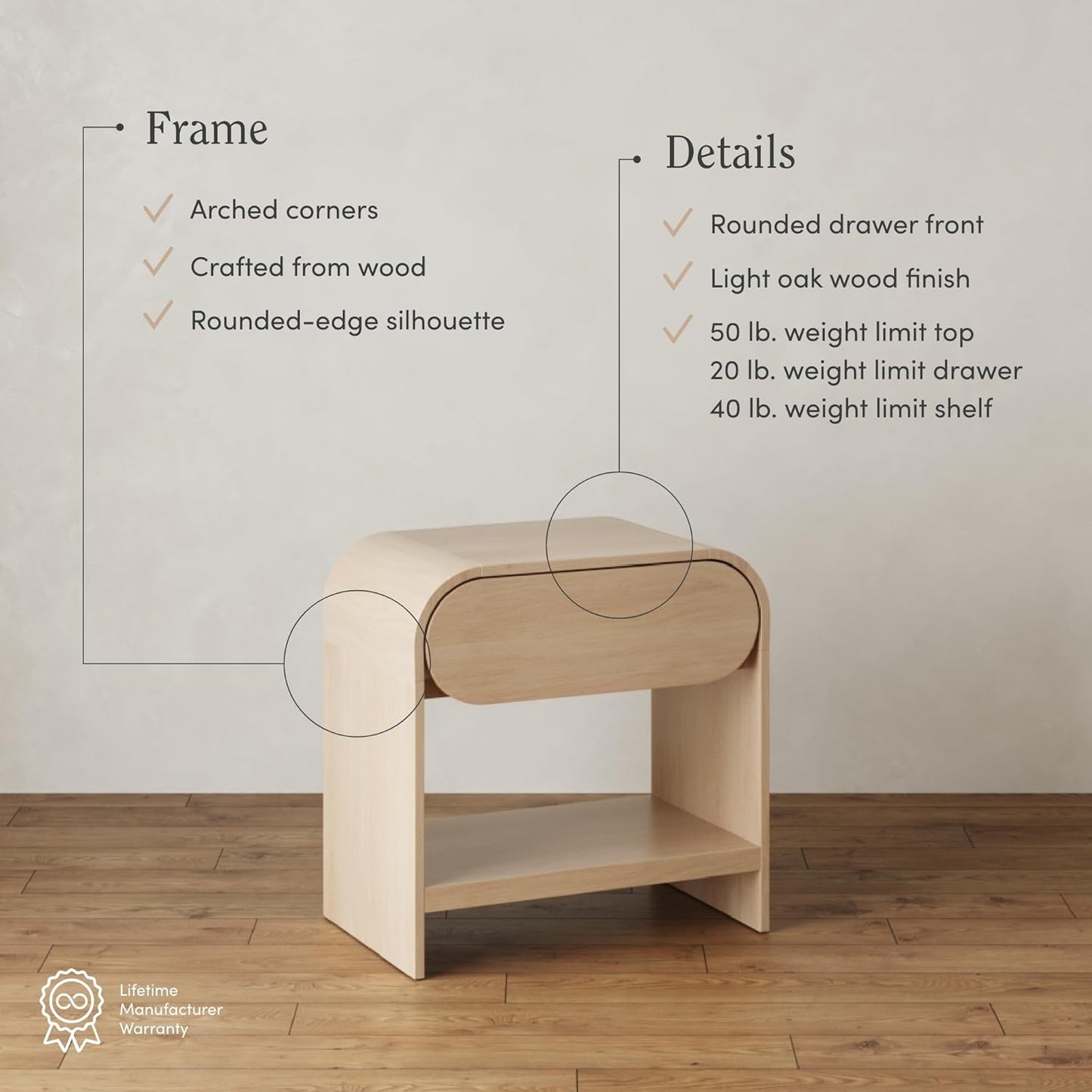 Iris Mid-Century Modern Nightstand with Drawer, End Table with Storage for Bedroom or Living Room with Rounded Silhouette, Light Oak Set of 2