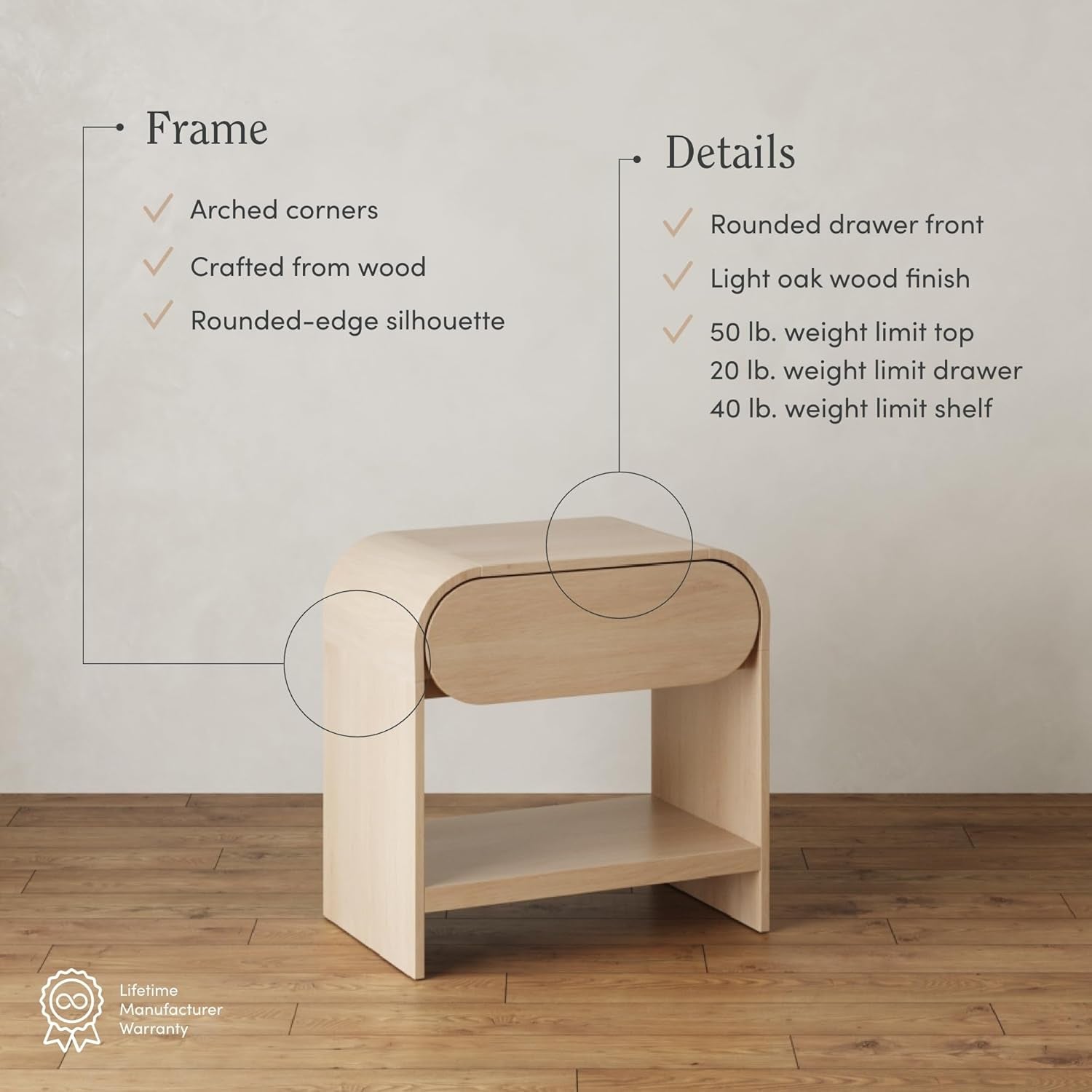 Iris Mid-Century Modern Nightstand with Drawer, End Table with Storage for Bedroom or Living Room with Rounded Silhouette, Light Oak Set of 2