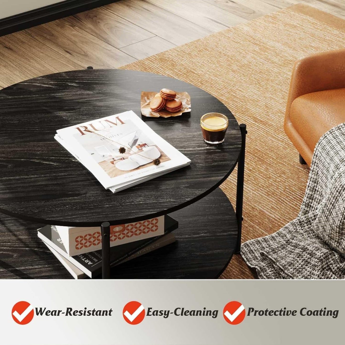 round Coffee Table for Living Room, 32.6" Small Coffee Table with Open Storage Shelf, 2-Tier Industrial Circle Wood Center Table for Bedroom, Home Office, Charcoal Black