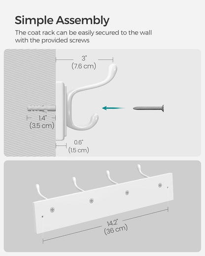 Wall-Mounted Coat Rack, Hook Rack, 4 Dual Metal Hooks, for Coats, Bags, Keys, in the Entryway, Bedroom, Living Room, White ULHR23WT