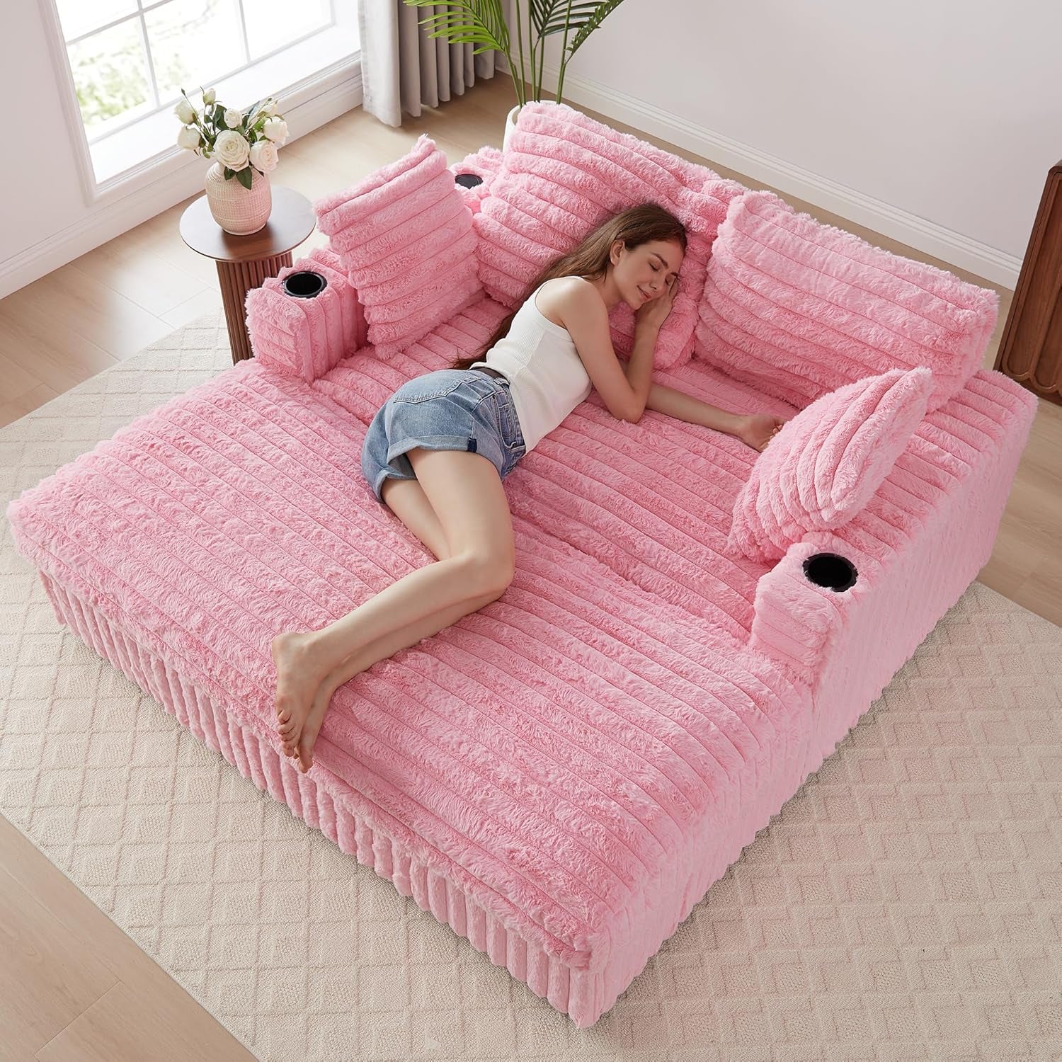 58'' Oversized Chaise Lounge Chair Indoor, Plush Faux Rabbit Fur Sleeper Sofa Bed with 4 Pillows, Charging Station & Cup Holders, Fluffy Comfy Cloud Couch Loveseat Sofa for Living Room,Pink