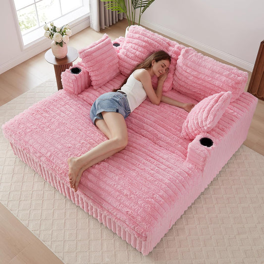 58'' Oversized Chaise Lounge Chair Indoor, Plush Faux Rabbit Fur Sleeper Sofa Bed with 4 Pillows, Charging Station & Cup Holders, Fluffy Comfy Cloud Couch Loveseat Sofa for Living Room,Pink