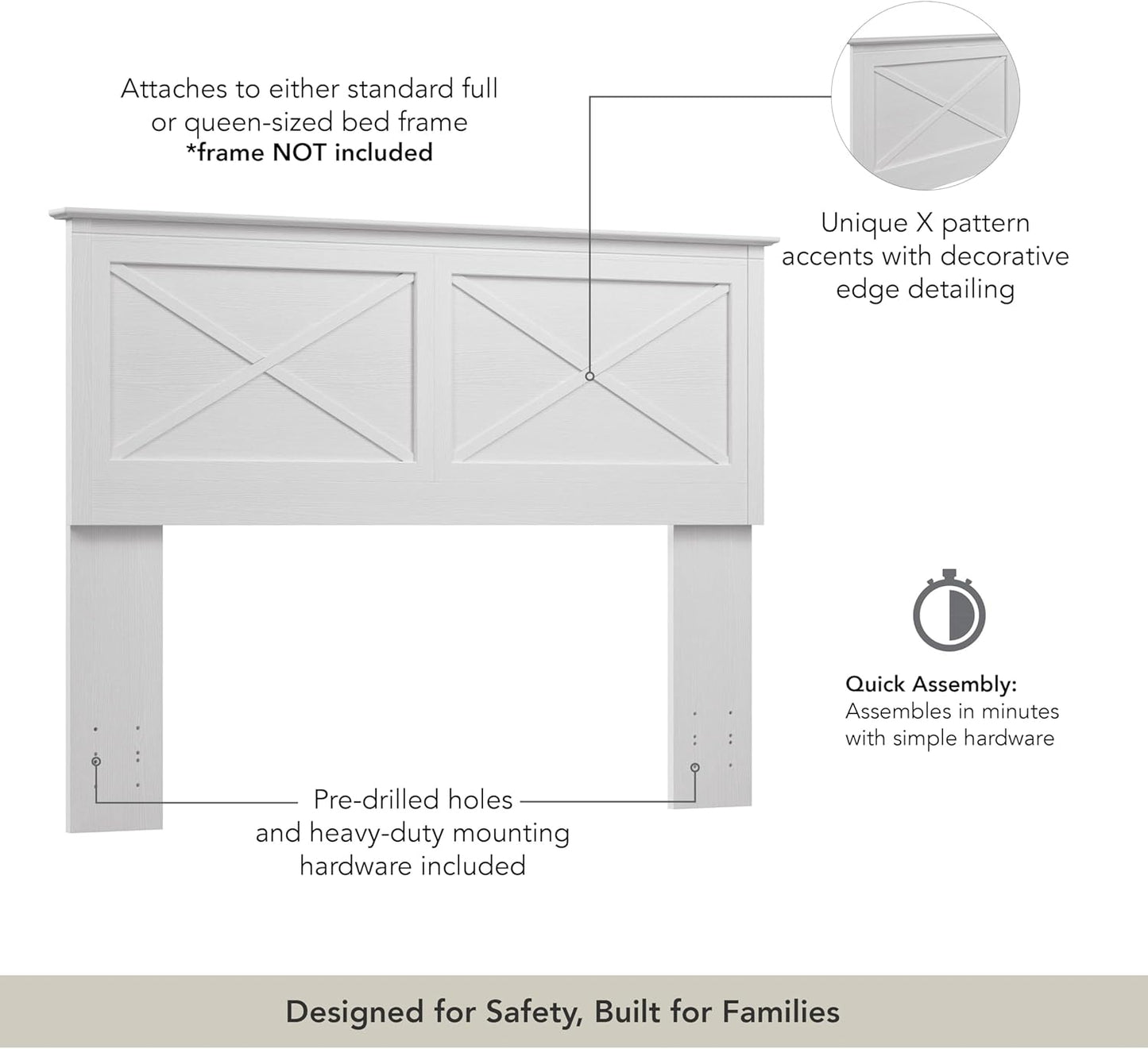 Full/Queen Headboard, Farmhouse X Design Head Board for Full or Queen Size Bed Frame, Frame and Mattress Not Included, Modern Bedroom Furniture, Key West Collection, Pure White Oak