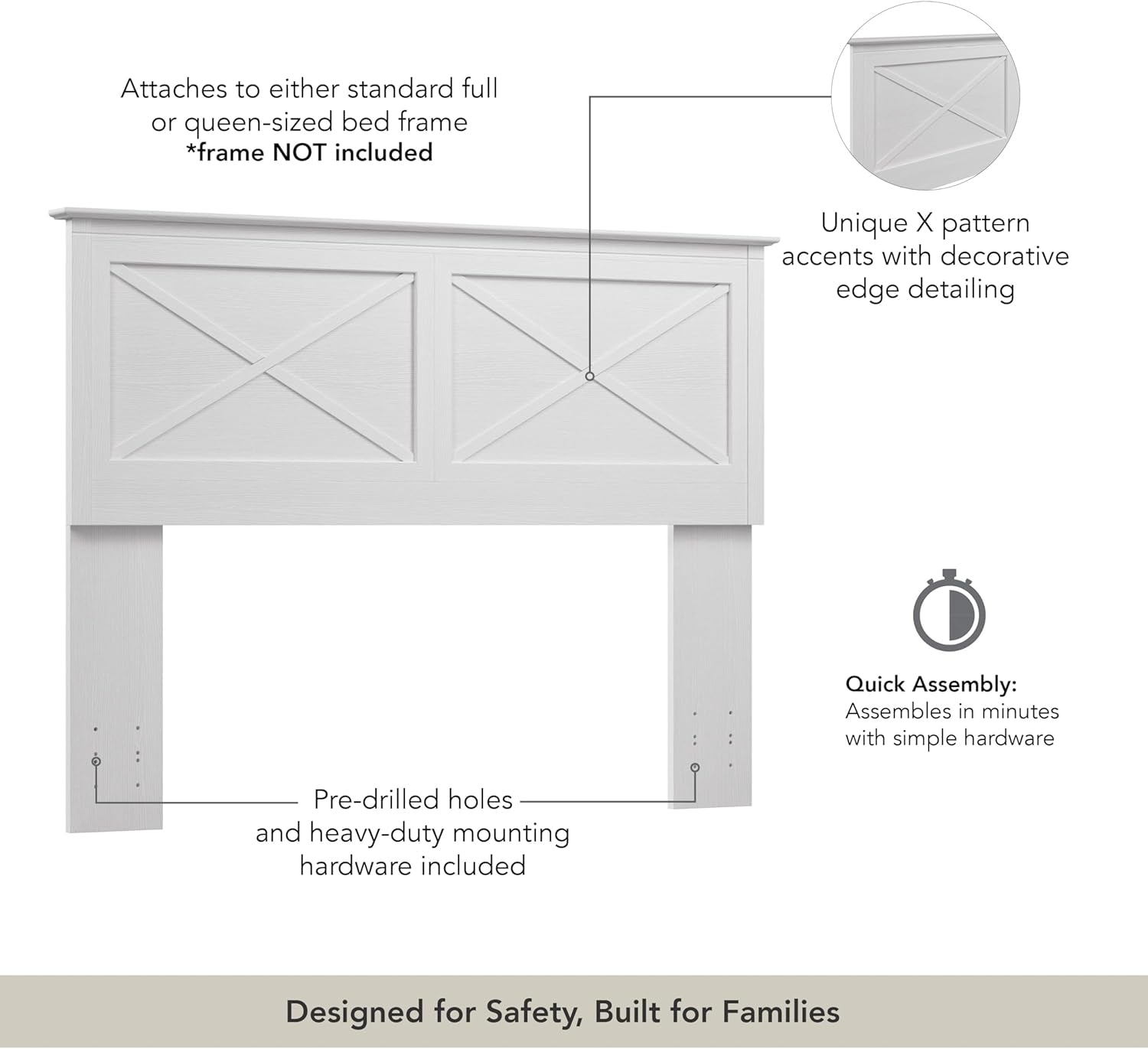 Full/Queen Headboard, Farmhouse X Design Head Board for Full or Queen Size Bed Frame, Frame and Mattress Not Included, Modern Bedroom Furniture, Key West Collection, Pure White Oak