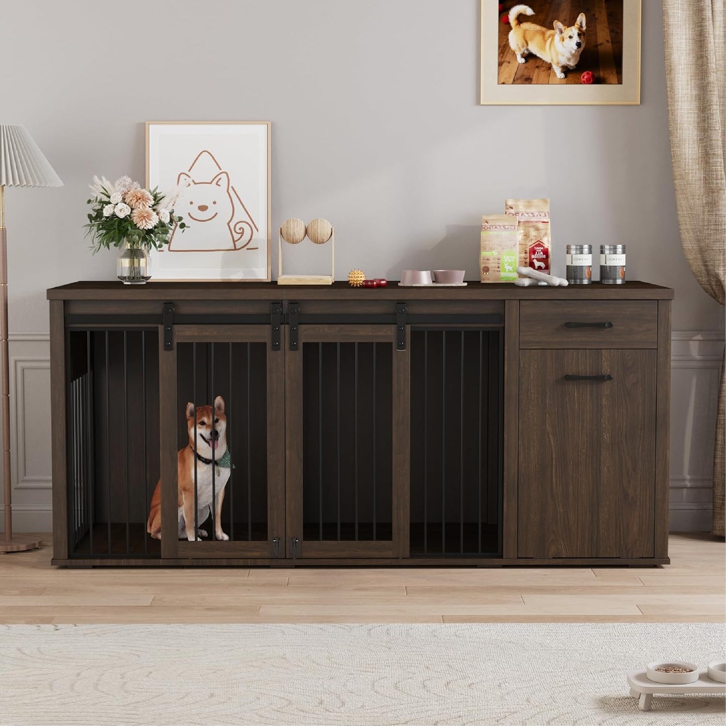 Large Dog Crate Furniture Large Breed,71 Inch Wooden Dog Crate with Tilt Out Trash Cabinet,Drawers,Divider and Sliding Barn Door, Double Doors Dogs Crate for 2 Dogs (Brown)