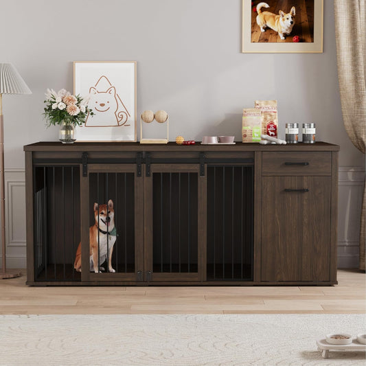 Large Dog Crate Furniture Large Breed,71 Inch Wooden Dog Crate with Tilt Out Trash Cabinet,Drawers,Divider and Sliding Barn Door, Double Doors Dogs Crate for 2 Dogs (Brown)