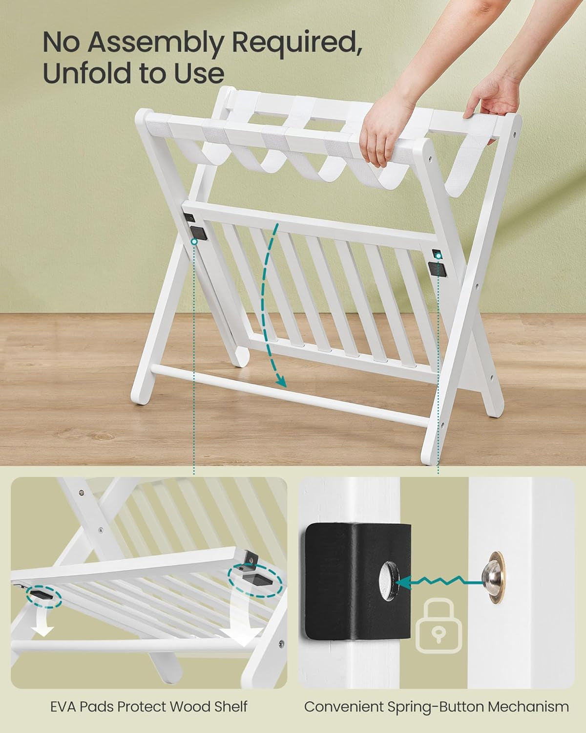 Solid Wood Luggage Rack, No Assembly Required, Foldable Suitcase Stand, Luggage Holder, with Storage Shelf, for Guest Room, Hotel, Bedroom, Cloud White URLR020W02
