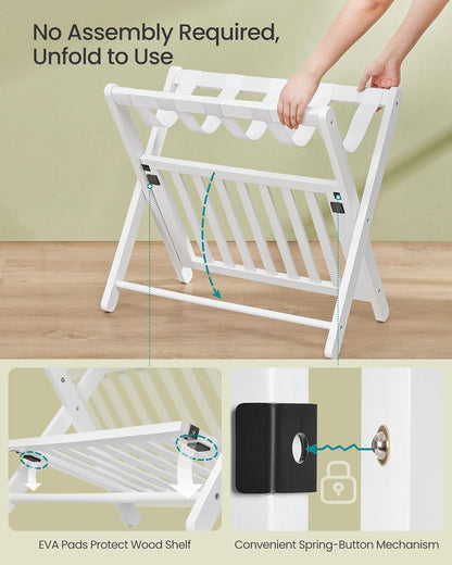 Solid Wood Luggage Rack, No Assembly Required, Foldable Suitcase Stand, Luggage Holder, with Storage Shelf, for Guest Room, Hotel, Bedroom, Cloud White URLR020W02