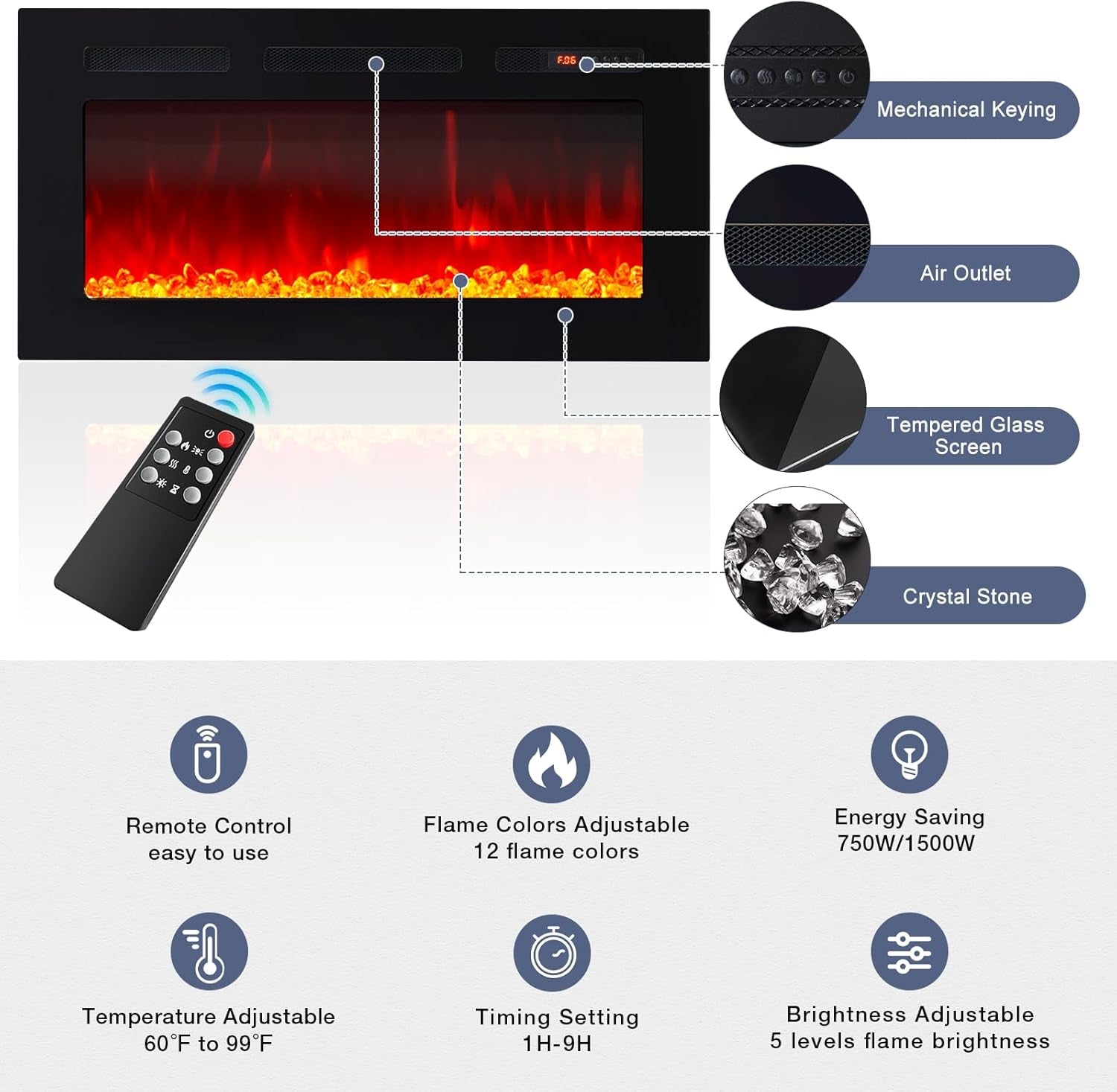 80" Fireplace TV Stand for Tvs up to 90", LED Light Entertainment Center with 36" Electric Fireplace, Modern Wood Texture TV Media Console with Highlight Storage Cabinet, Black+Black