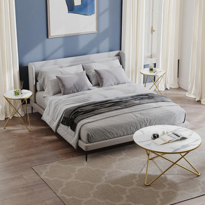 Modern round Coffee Table and Side Table Set of 3,End Table with Faux Marble Top and Gold Metal Frame, Side Table for Living Room, Bedroom, Sofa and Couch, Gold Legs, White Marble Top