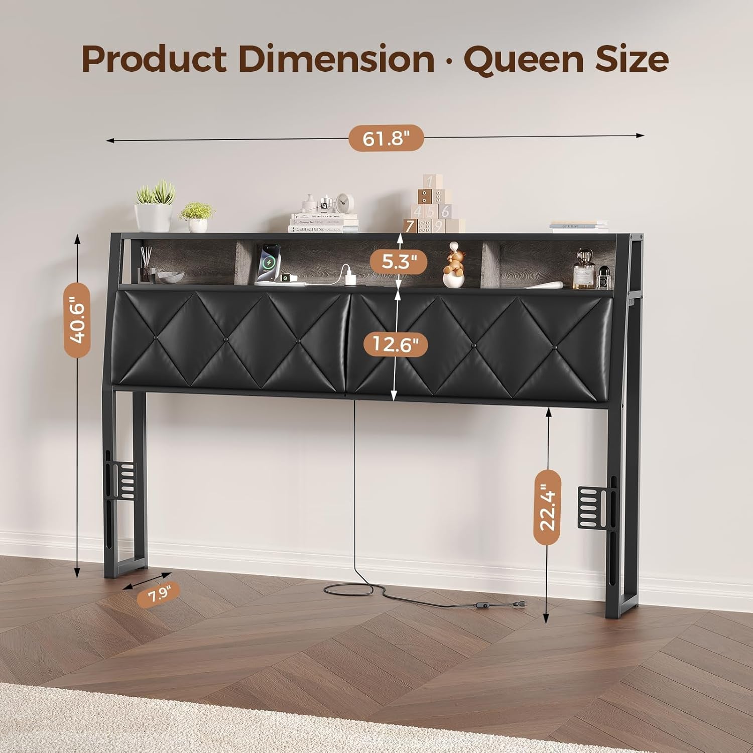 Queen Headboard Only, Headboard for Queen Size Bed with Storage, Upholstered Headboards with LED Lights & Charging Station, Attach Frame, Ideal for Bedroom/Dorm/Guest Room, Black, Faux Leather