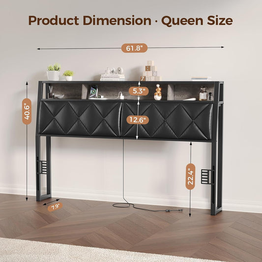 Queen Headboard Only, Headboard for Queen Size Bed with Storage, Upholstered Headboards with LED Lights & Charging Station, Attach Frame, Ideal for Bedroom/Dorm/Guest Room, Black, Faux Leather