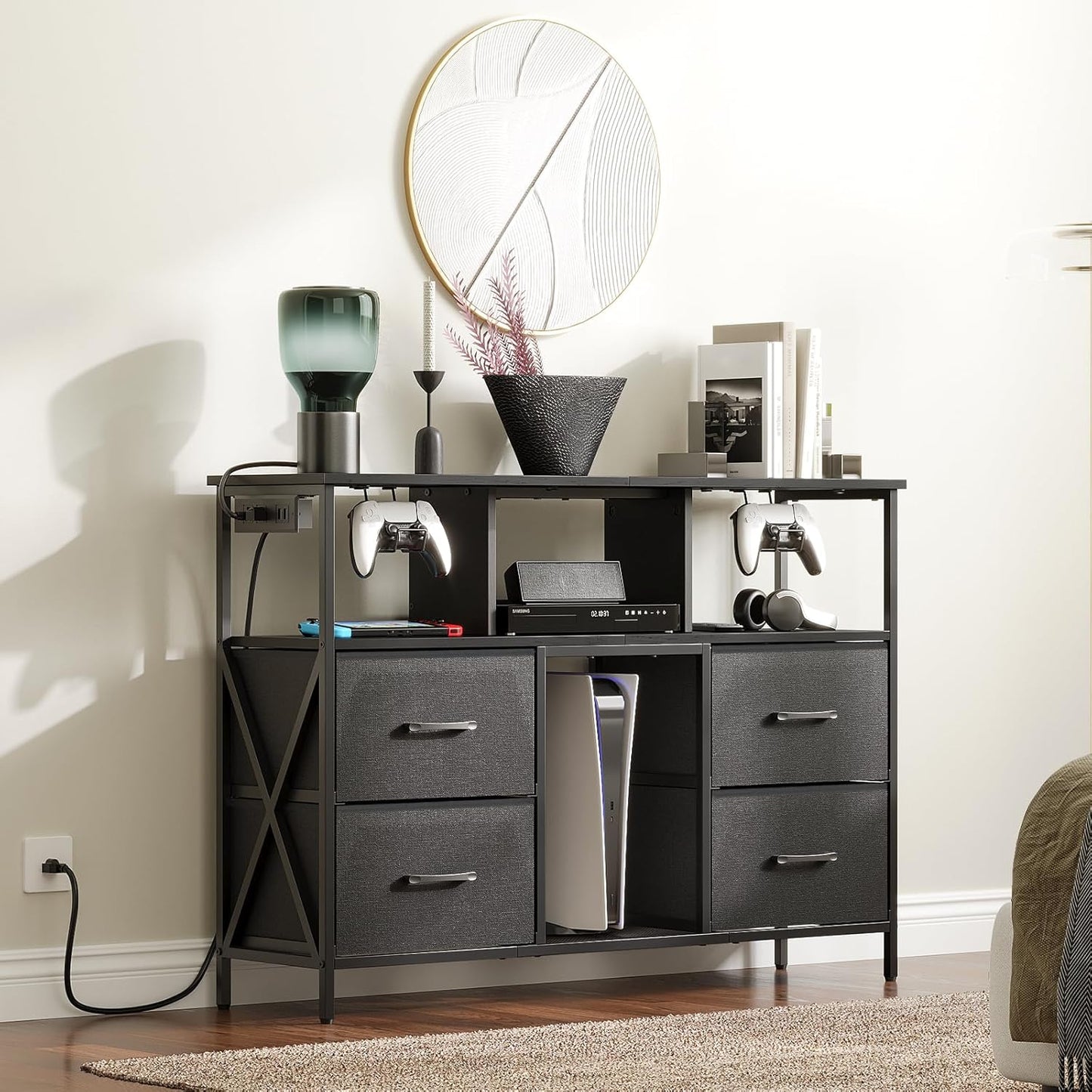 Dresser TV Stand, Entertainment Center with Power Outlets and LED Light, Media Console with Drawers and Open Shelves for 50'' TV, for Living Room, Bedroom, Black TVHB110E01N1