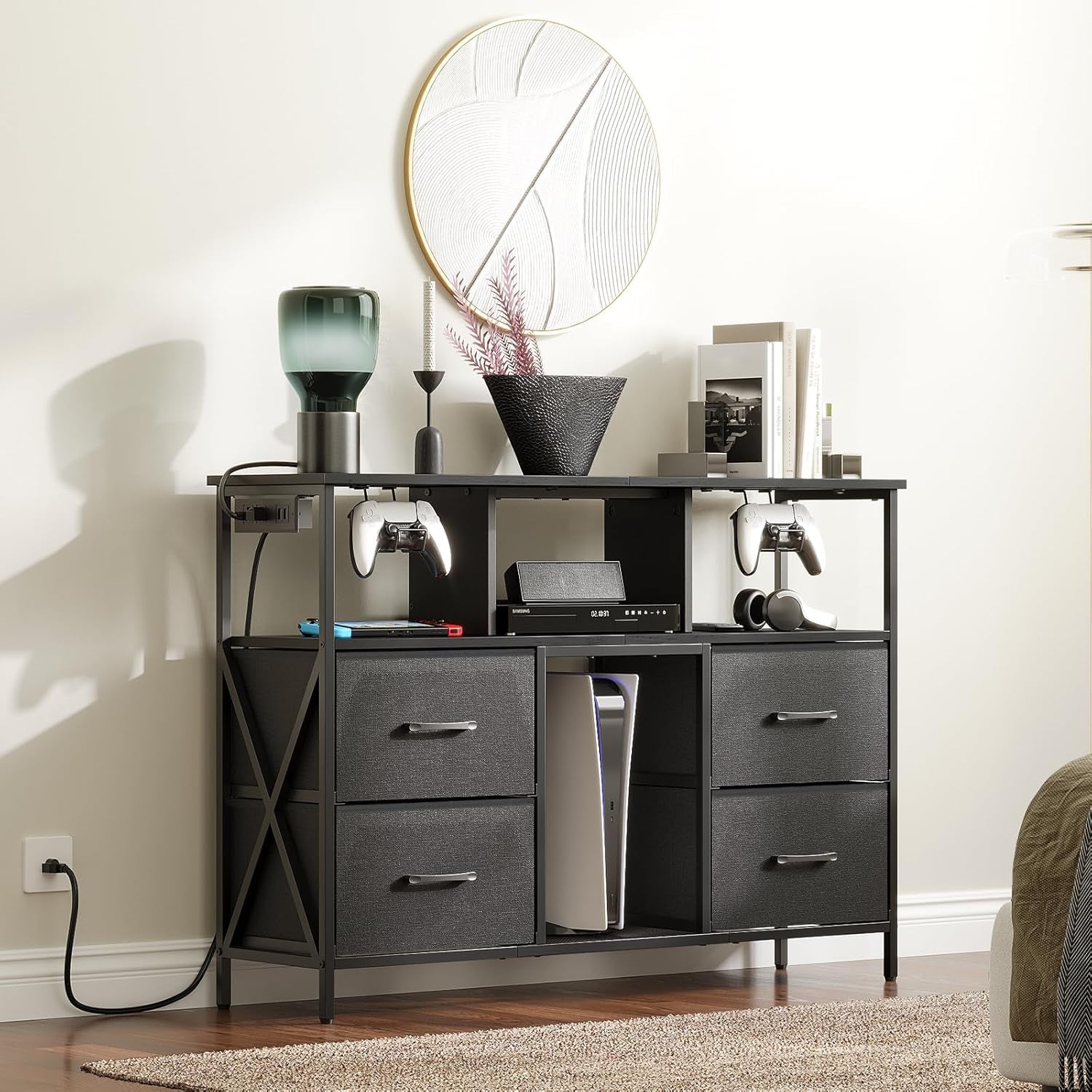 Dresser TV Stand, Entertainment Center with Power Outlets and LED Light, Media Console with Drawers and Open Shelves for 50'' TV, for Living Room, Bedroom, Black TVHB110E01N1