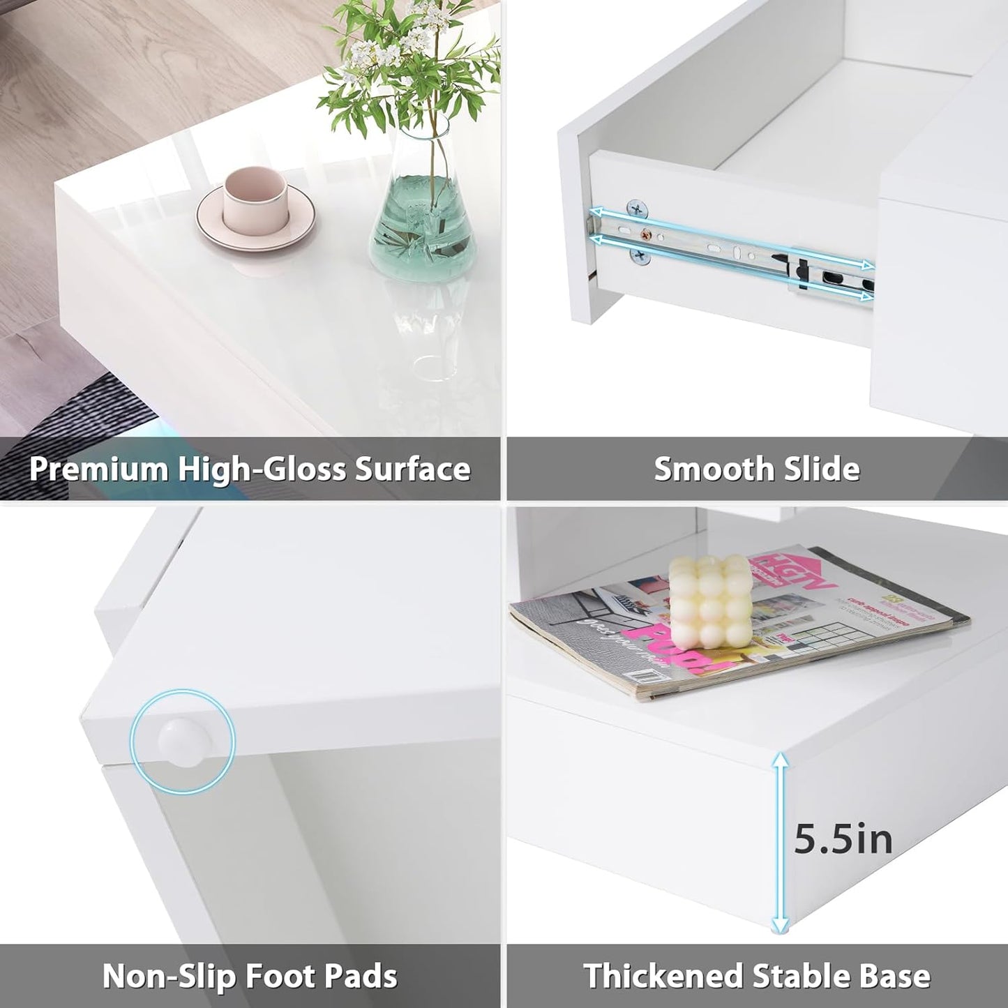 Modern High Gloss LED Coffee Table with Storage, 2-Tier Center Table with Open Display Shelf & 2 Sliding Drawers, Rectangle Coffee Tables for Living Room, Bedroom