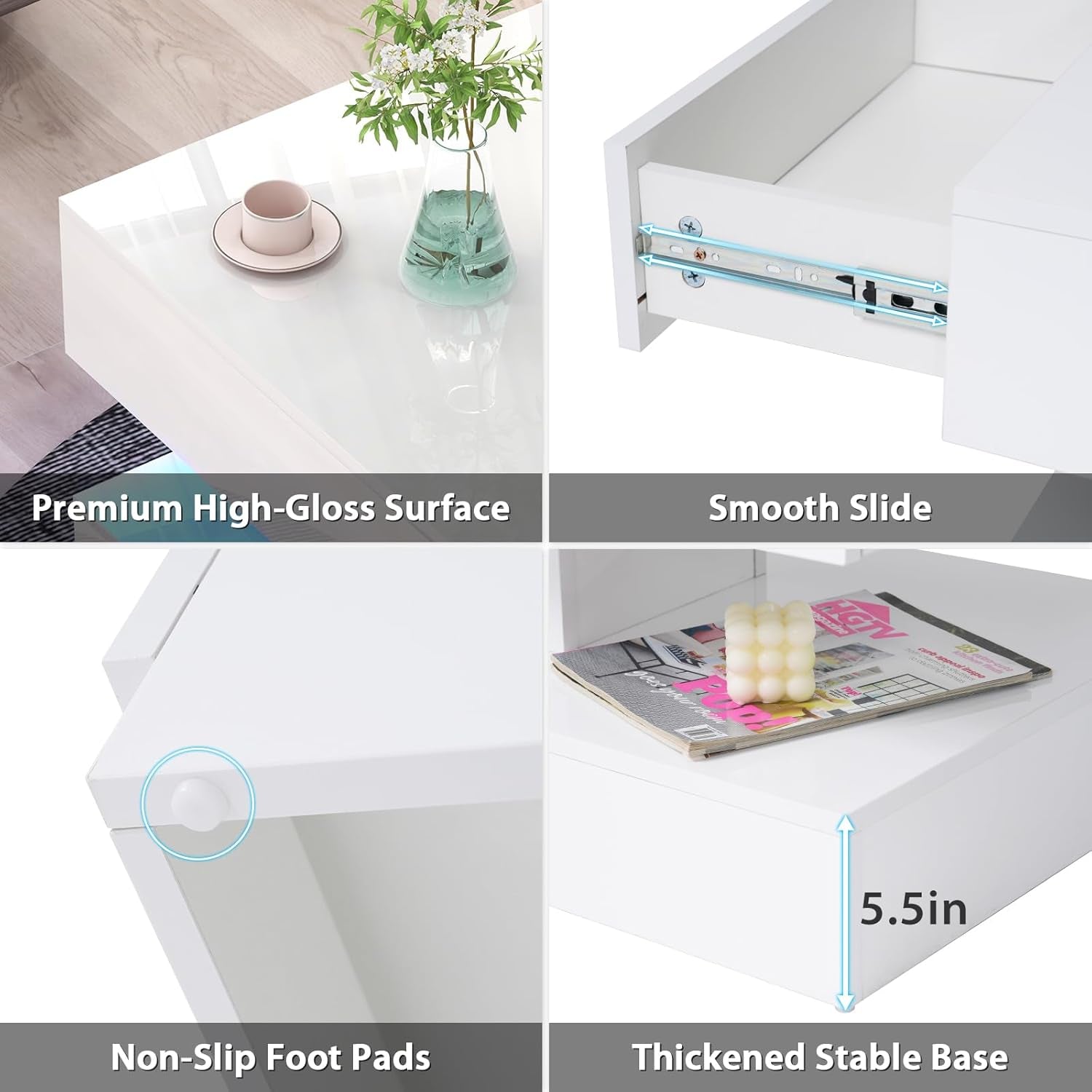 Modern High Gloss LED Coffee Table with Storage, 2-Tier Center Table with Open Display Shelf & 2 Sliding Drawers, Rectangle Coffee Tables for Living Room, Bedroom