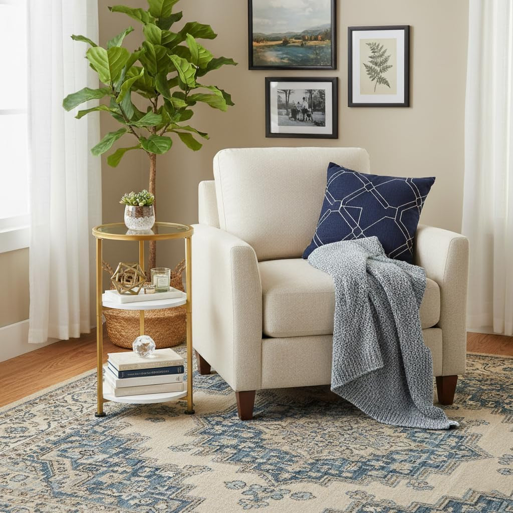 Glass Side Table, Tempered Glass Small round Side Table with 3-Tier Storage Shelves for Small Spaces, Modern Glass round End Table for Living Room, Bedside Nightstand for Bedroom (White+Gold)