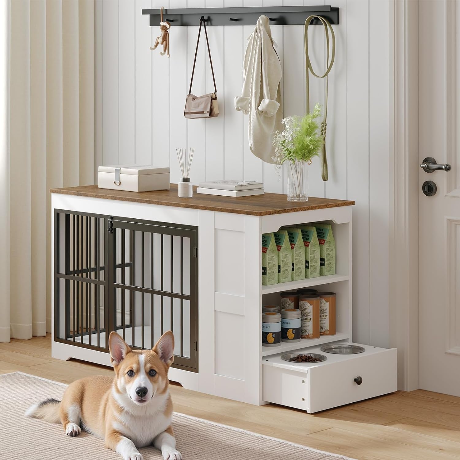 Dog Crate Furniture, 47.2” Dog Kennel Indoor with Storage Shelf and Feeding Bowls, Wooden Dog Kennel Furniture for Medium Large Dogs, White, Walnut and Black