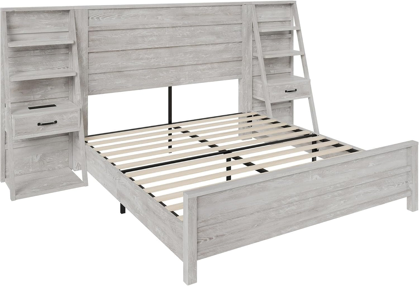 Queen Bed Frame with Bookcase Headboard & 4-Tier Bedside Shelf, Farmhouse Platform Bed with Charging Station and 2 Drawers, Noise-Free