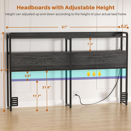 Headboard for Queen Size Bed Frame, Headboards with Outlets, USB Ports and LED Light, Head Board with Storage, Height Adjustable, Sturdy and Stable Headboard, Queen Size, Black Oak