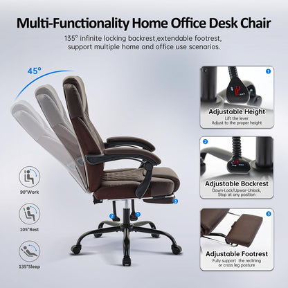 Office Chair, Big and Tall Office Chair with Foot Rest Ergonomic Desk Chairs Reclining High Back Leather Chairs with Lumbar Support(Brown)