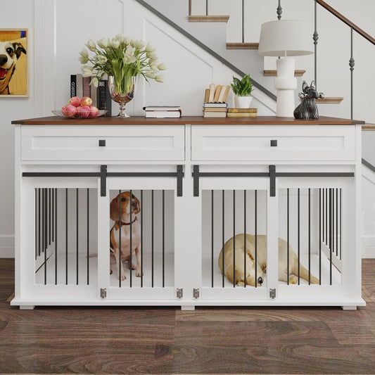 Large Dog Crate Furniture for 2 Large Medium Dogs,63 Inch Wooden Dog Kennel with 2 Drawers & Removable Divider,Sliding Door, Farmhouse Style Indoor Dog Cage Cabinet TV Stand Table,White