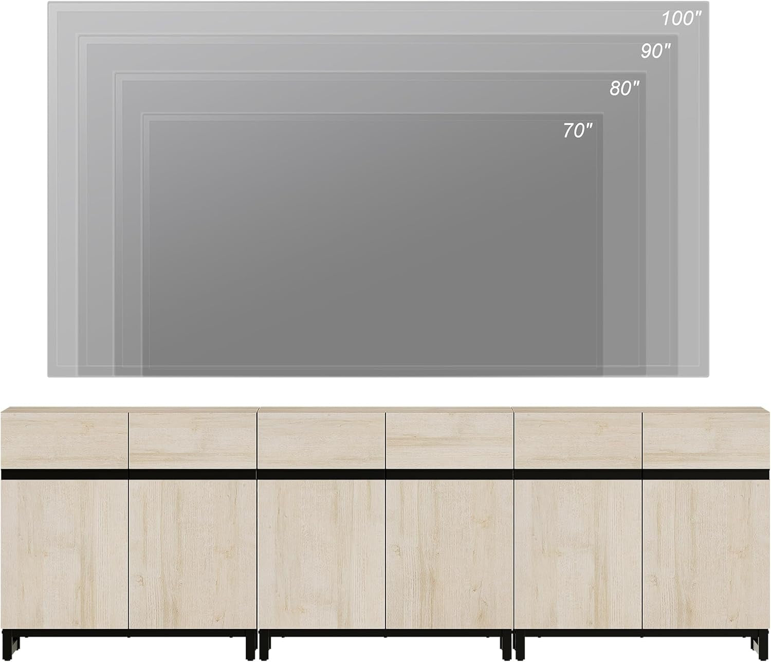 Modern TV Stand for Tvs up to 110 Inch, 3 in 1 Wood Entertainment Center Console Table with Adjustable Shelves and Metal Base for Living Room, Bedroom, Light Oak