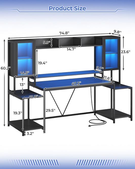 Gaming Desk 74.8'' with LED Lights, Hutch and Storage Shelves, Computer Desk with Monitor Stand, Large PC Gamer Desk Workstation, Ergonomic Gaming Table for Bedroom, Living Room, Black