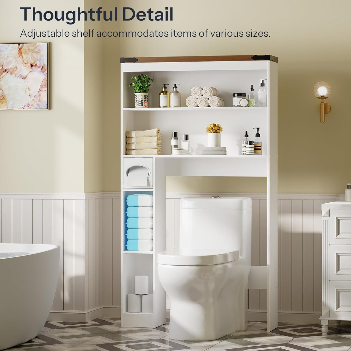 Over-The-Toilet Storage Rack, 3-Tier Freestanding Bathroom Shelves, Wooden Bathroom Organizer with Toilet Paper Holder, Farmhouse Space Saver, Laundry Room, White and Walnut WH20TS01